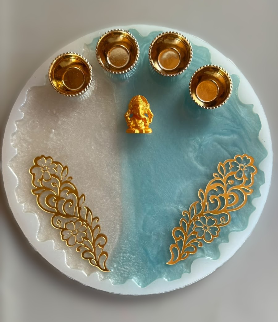Round resin Puja Thali with Ganesha and gold decoration